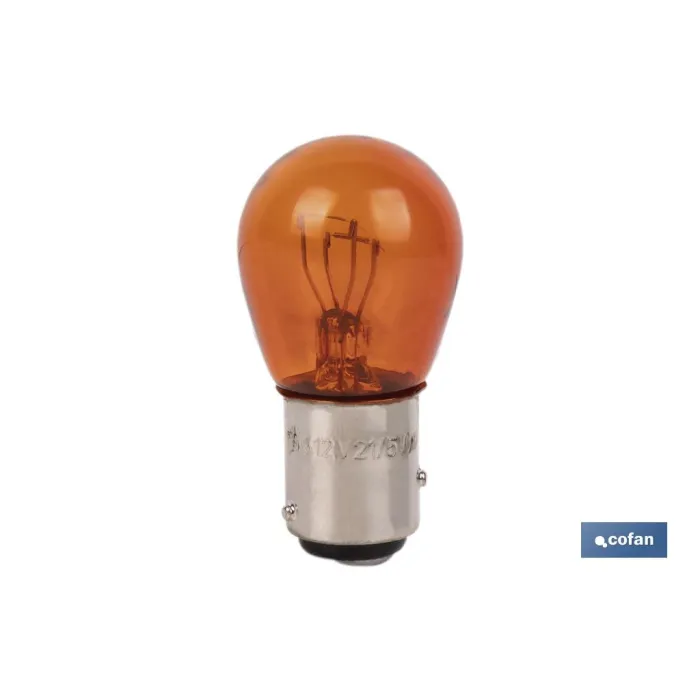 LÁMPARA COFAN 2 POLOS ÁMBAR DESCENTRADA P21/5W (BAZ15d) 12V