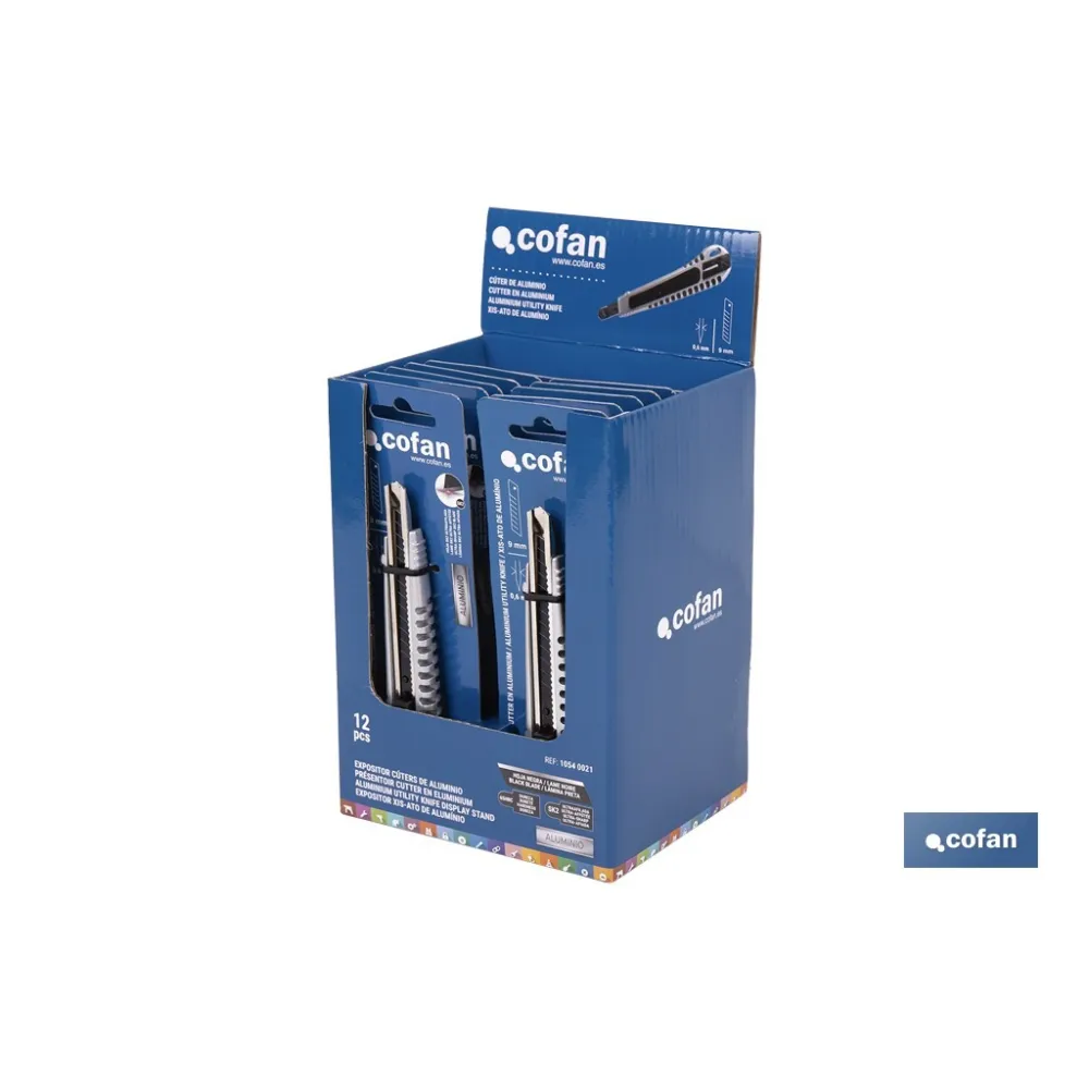 EXPOSITOR DE CÚTER DE ALUMINIO 9 MM 12 UDS.