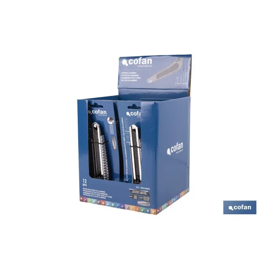 EXPOSITOR DE CÚTER DE ALUMINIO 18 MM 12 UDS.