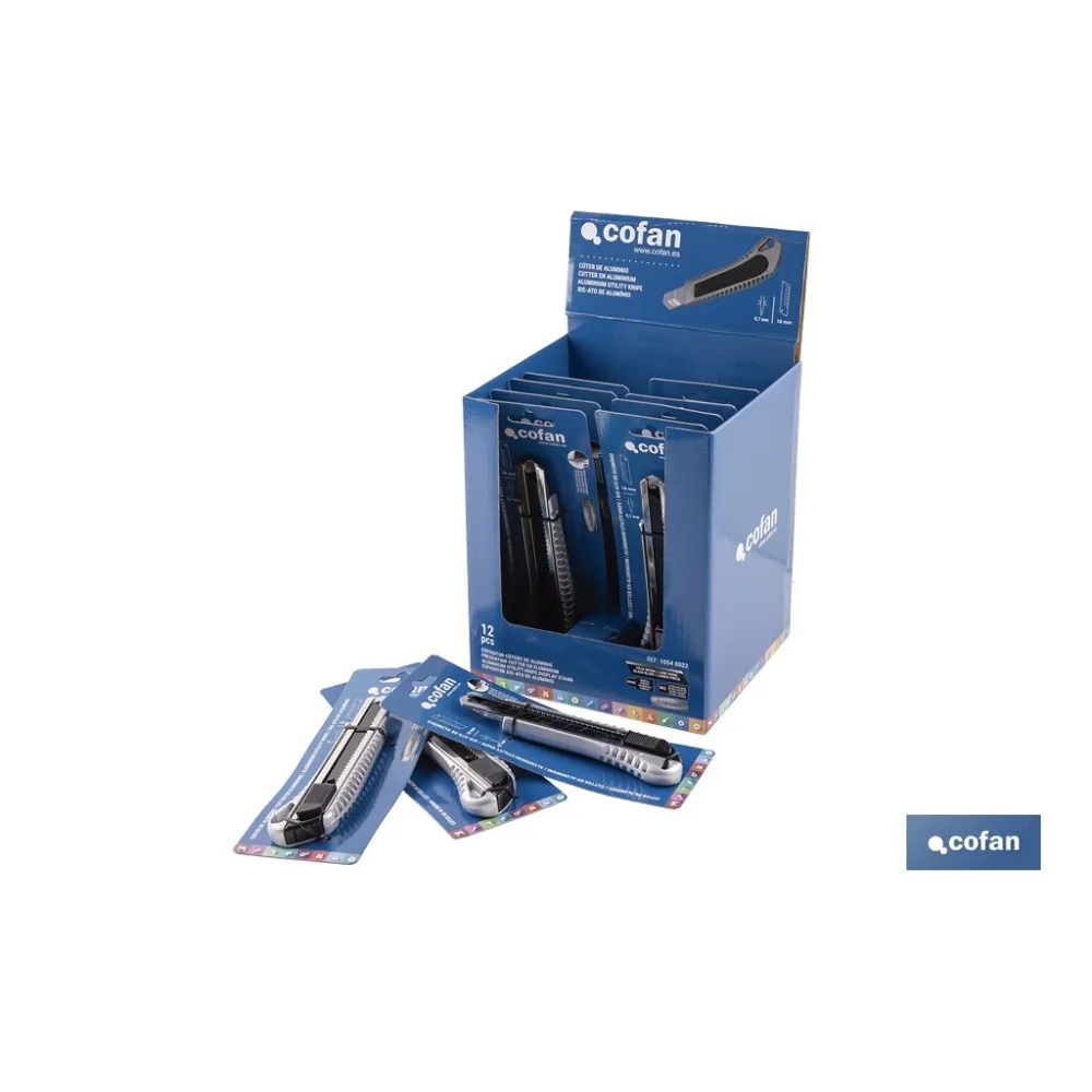 EXPOSITOR DE CÚTER DE ALUMINIO 18 MM 12 UDS.