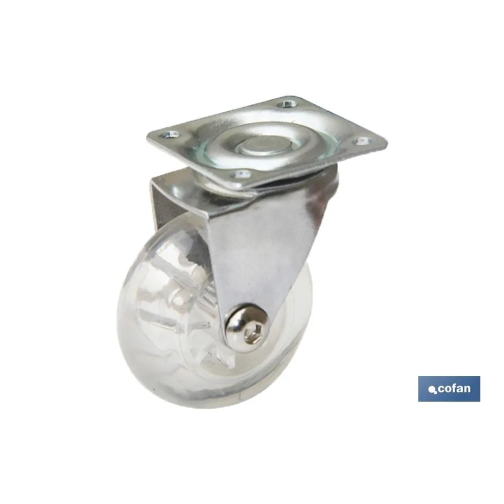 RUEDA TRANSP/CROMADO PLACA PU Ø50MM
