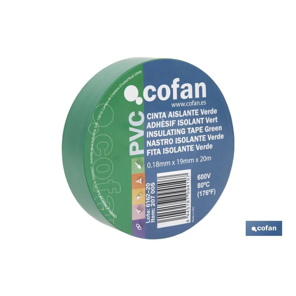CINTA AISLANTE 180 Micras VERDE 19mmX20 Metros