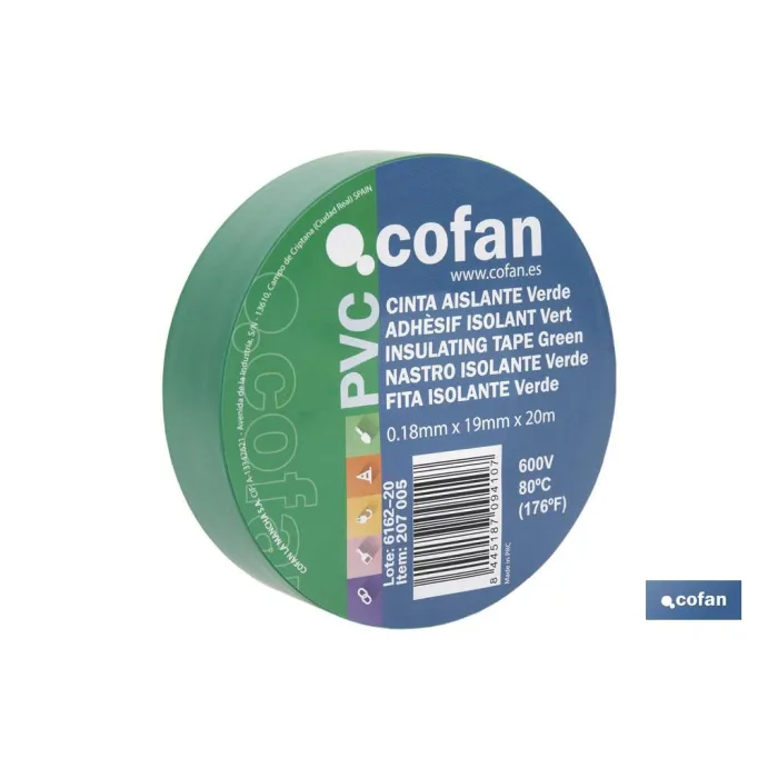 CINTA AISLANTE 180 Micras VERDE 19mmX20 Metros
