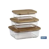 SET DE 3 RECIPIENTES DE BOROSILICATO CON TAPA DE BAMBÚ MODELO PANDA 640 ML-1040 ML -1520 ML