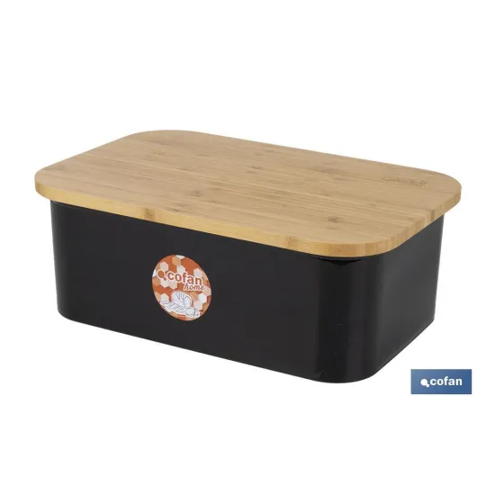 PANERA CON TAPA DE BAMBÚ COLOR NEGRO/MADERA 36 X 24 X13 CM