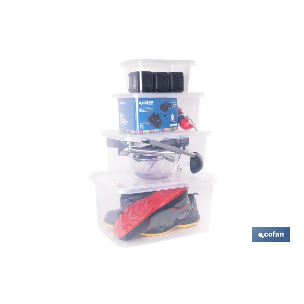 PACK DE 4 CAJAS DE ALMACENAJE TRANSPARENTES 4 L + 8 L + 15 L + 26 L