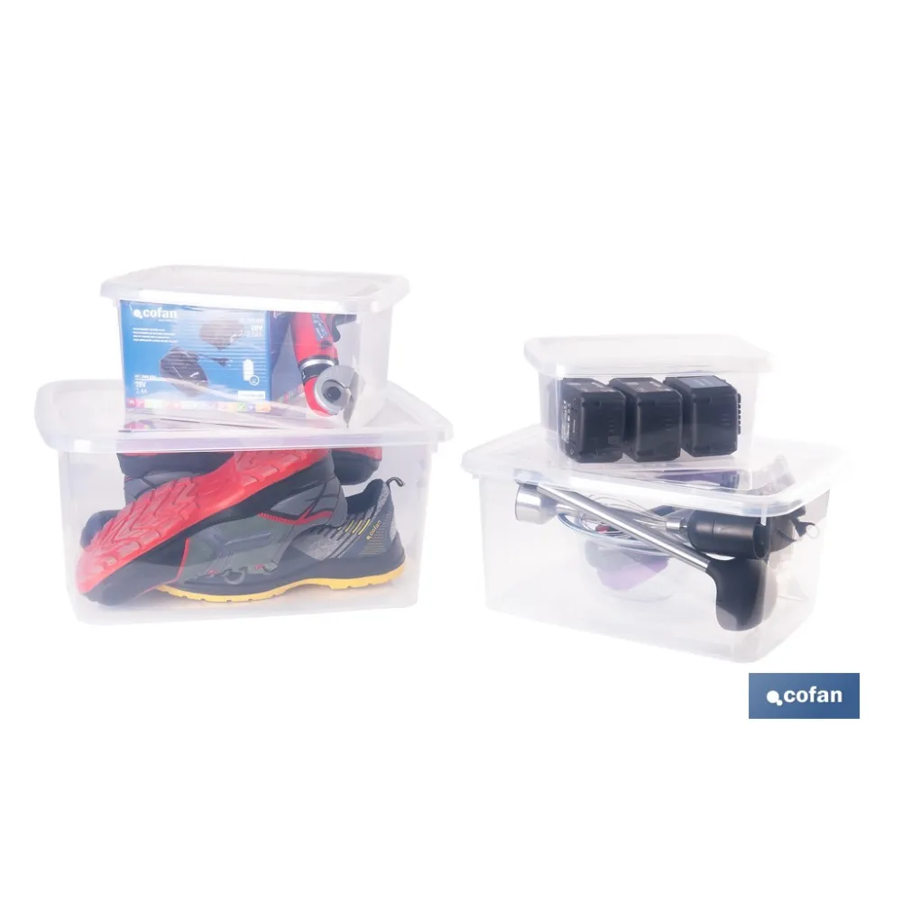 PACK DE 4 CAJAS DE ALMACENAJE TRANSPARENTES 4 L + 8 L + 15 L + 26 L