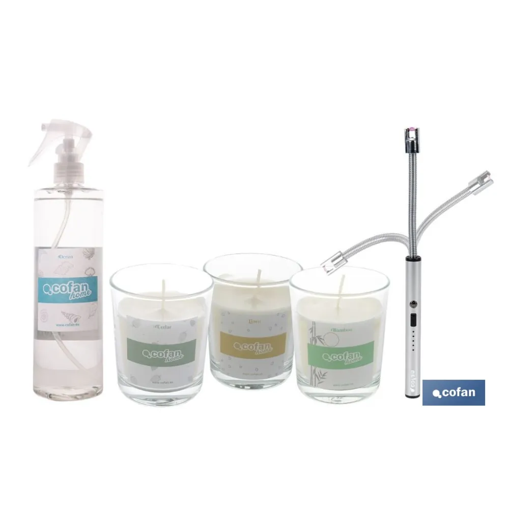 PACK DE 3 VELAS,ENCENDEDOR ELECTRICO,BRUMA TEXTIL