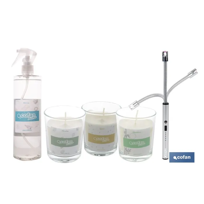 PACK DE 3 VELAS,ENCENDEDOR ELECTRICO,BRUMA TEXTIL