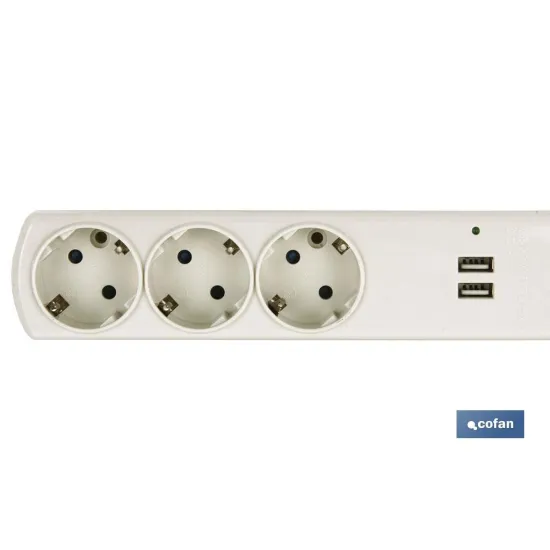BASE BIPOLAR 3 TOMAS Y PROLONGACIÓN 1,5M CON T/T LATERAL 16A 250V USB