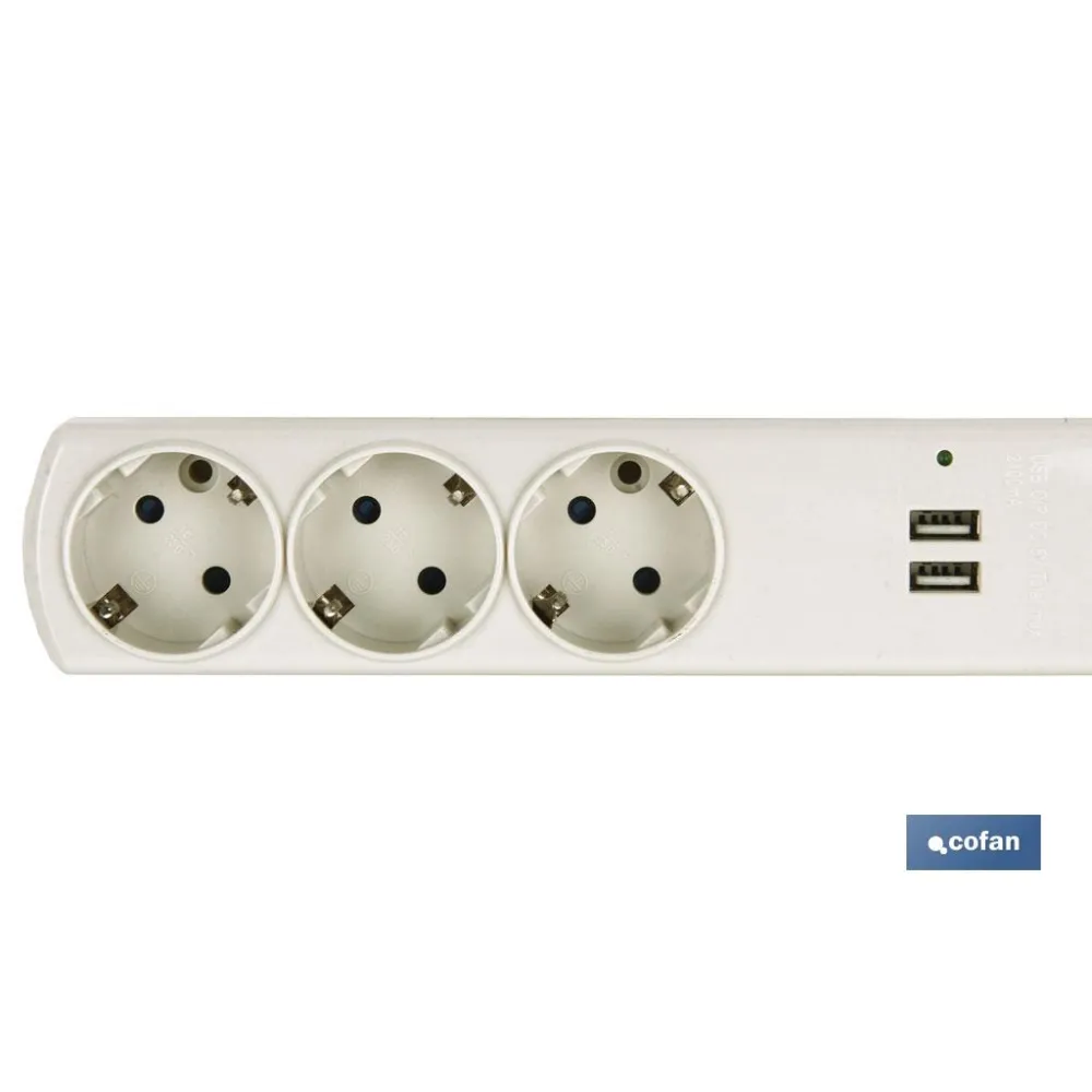 BASE BIPOLAR 3 TOMAS Y PROLONGACIÓN 1,5M CON T/T LATERAL 16A 250V USB