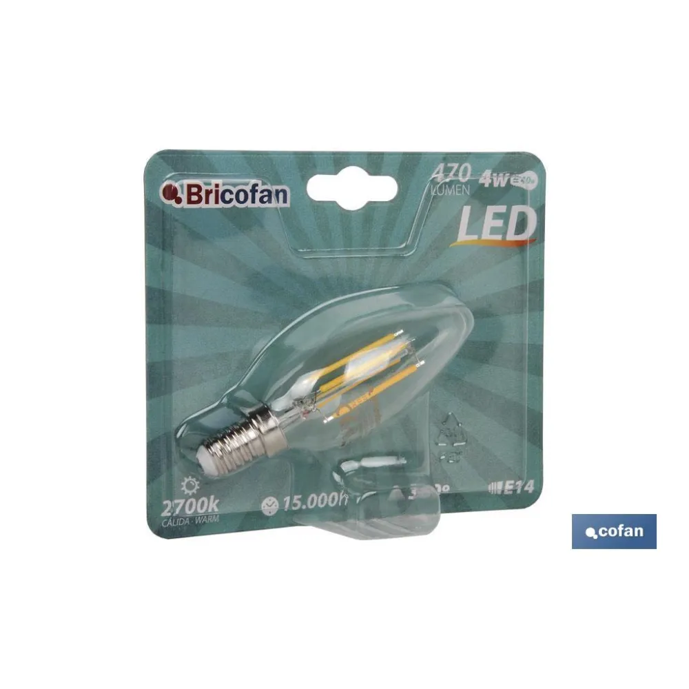 BOMBILLA LED VELA FILAMENTO E14 4W 470LM 2700K