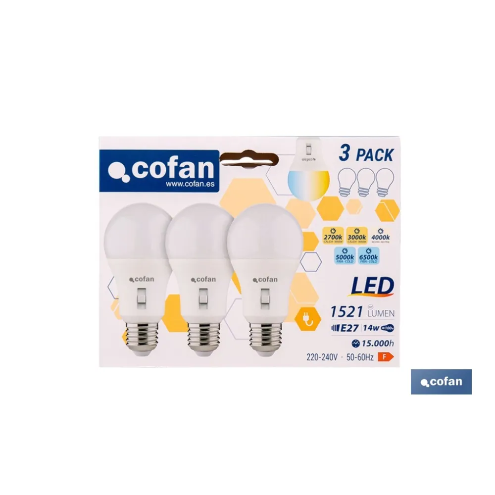 PACK DE 3 BOMBILLAS E27 A60 14W 1521 LM 5CCT