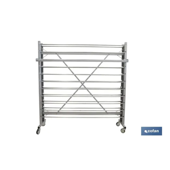 EXPOSITOR DE HULES Y MANTELES HORIZONTAL CON CORTADOR Y RUEDAS PARA 22 ROLLOS