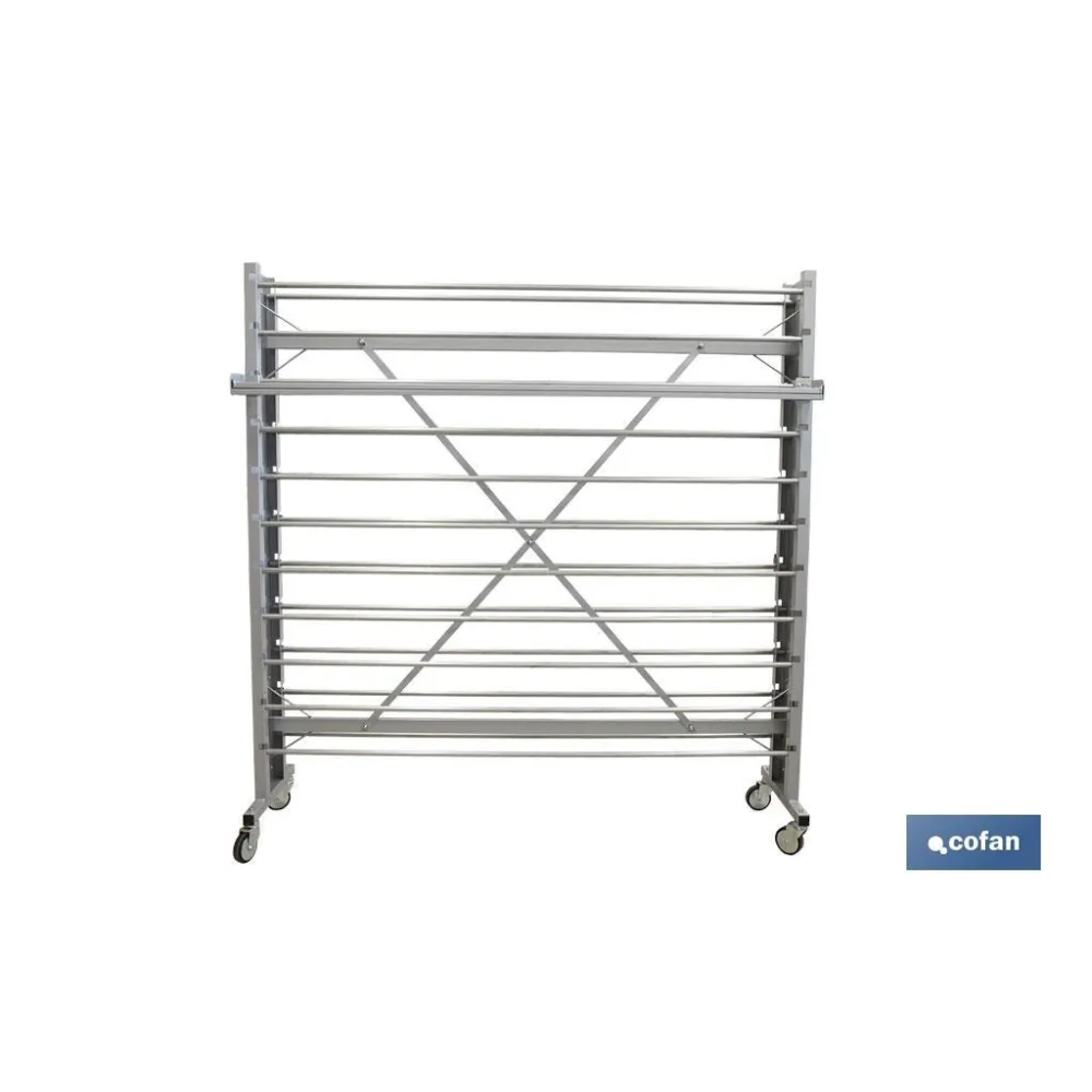 EXPOSITOR DE HULES Y MANTELES HORIZONTAL CON CORTADOR Y RUEDAS PARA 22 ROLLOS