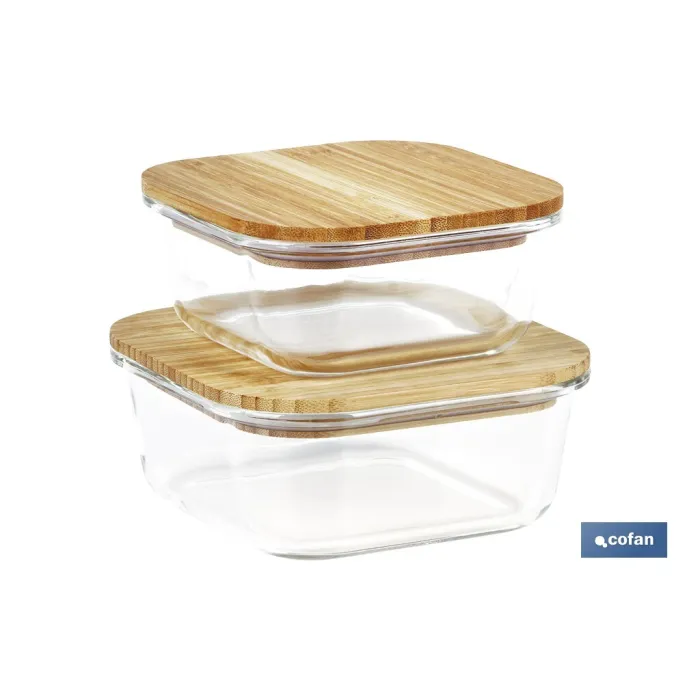SET DE 2 RECIPIENTES DE BOROSILICATO CON TAPA DE BAMBÚ MODELO PANDA 520 ML - 800 ML