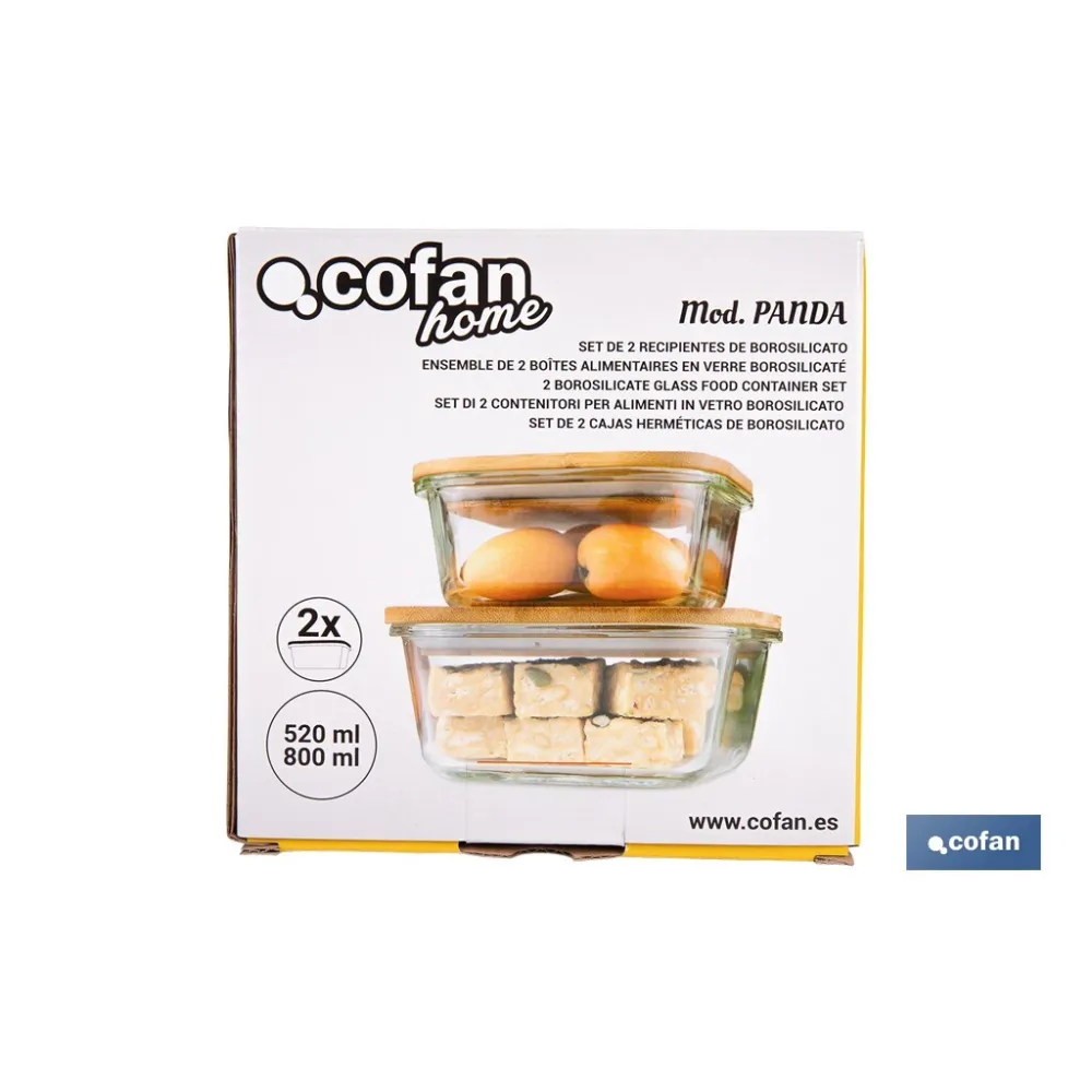 SET DE 2 RECIPIENTES DE BOROSILICATO CON TAPA DE BAMBÚ MODELO PANDA 520 ML - 800 ML