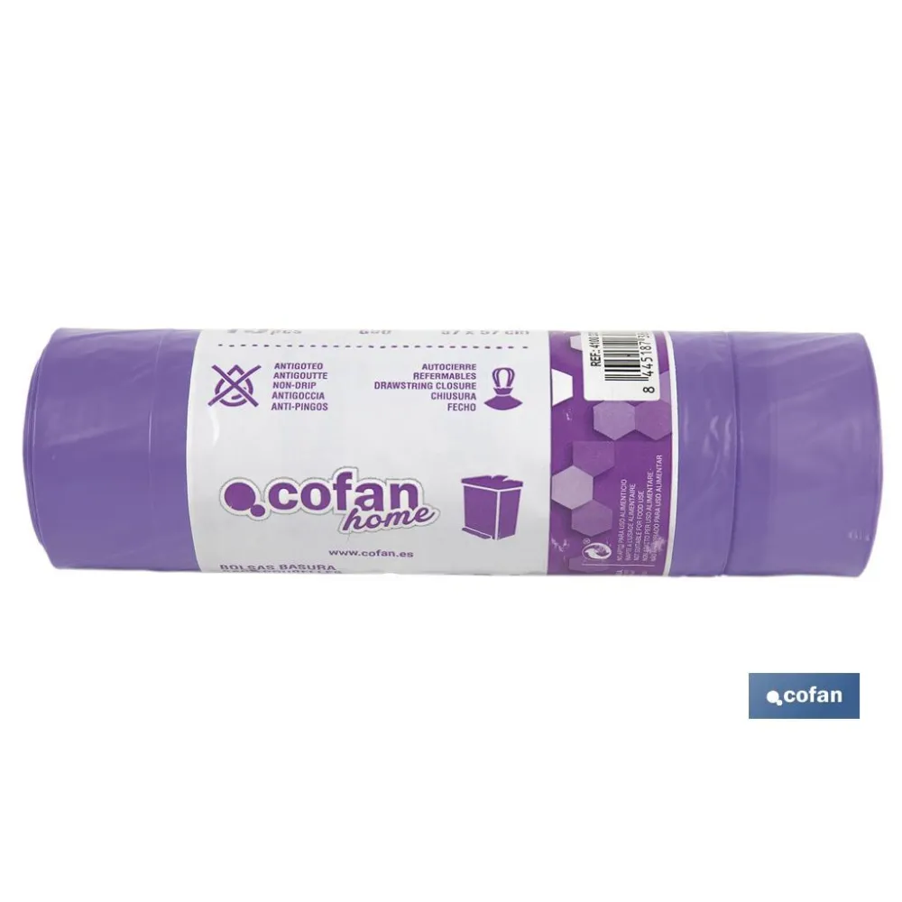 BOLSA DE BASURA AUTOCIERRE PERFUMADA LAVANDA 57 X 57 G.90 COLOR VIOLETA 15 UDS 30l