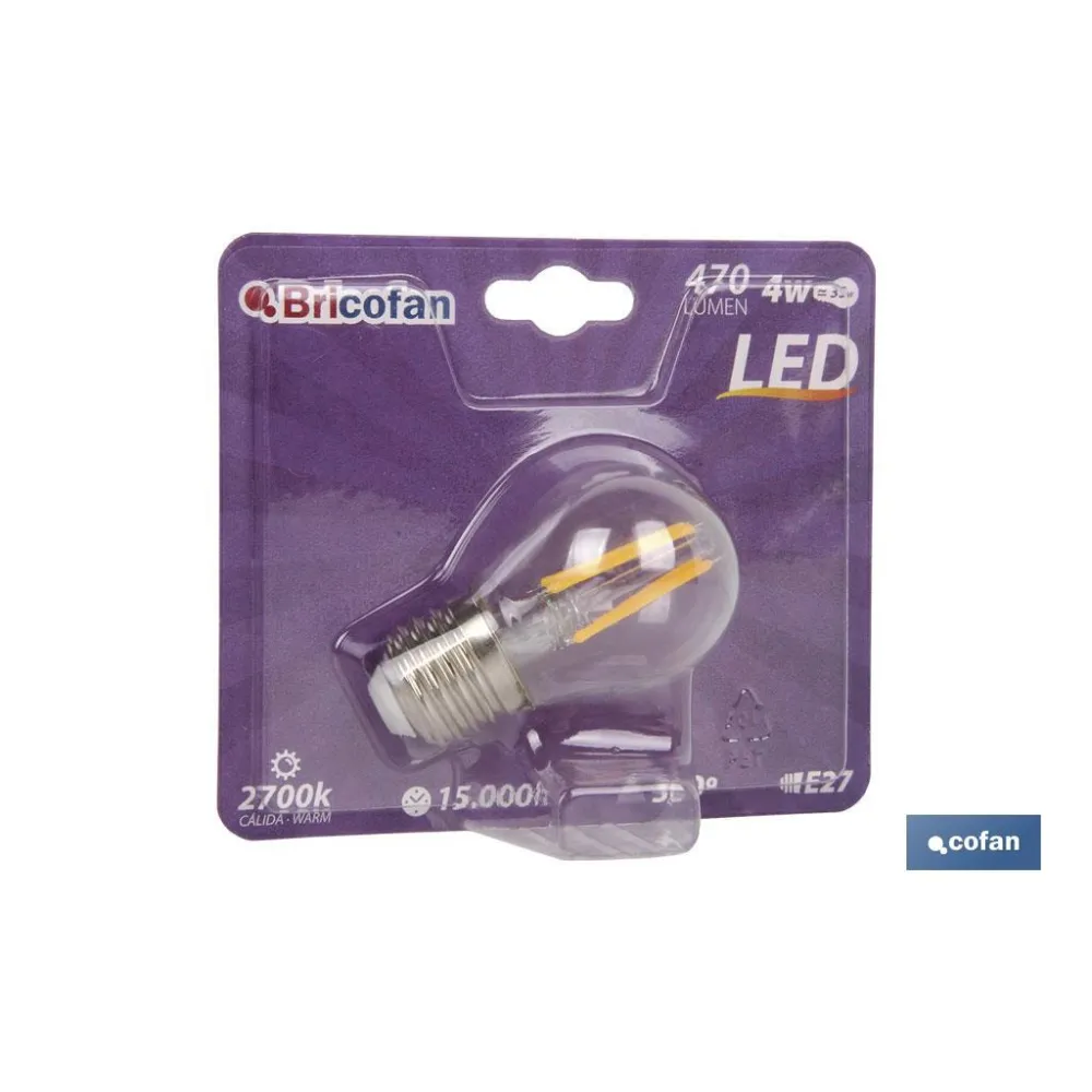 BOMBILLA LED ESFERICA FILAMENTO E27 4W 470LM 2700K