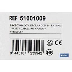 PROLONGADOR BIPOLAR CON T/T LATERAL 16A250V CABLE 25M NARANJA