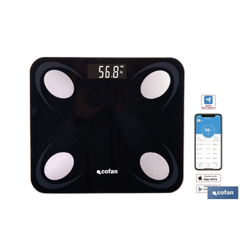 BÁSCULA DE BAÑO DIGITAL NEGRA CON PANTALLA LCD, USB Y MEDICIÓN IMC DE GRASA VISCERAL 30 X 26,5 X 2,2 CM