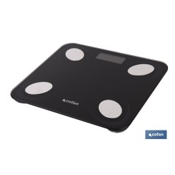 BÁSCULA DE BAÑO DIGITAL NEGRA CON PANTALLA LCD, USB Y MEDICIÓN IMC DE GRASA VISCERAL 30 X 26,5 X 2,2 CM