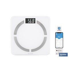 BÁSCULA DE BAÑO DIGITAL BLANCA CON PANTALLA LCD, USB Y MEDICIÓN IMC DE GRASA VISCERAL 30 X 30 X 2,2 CM