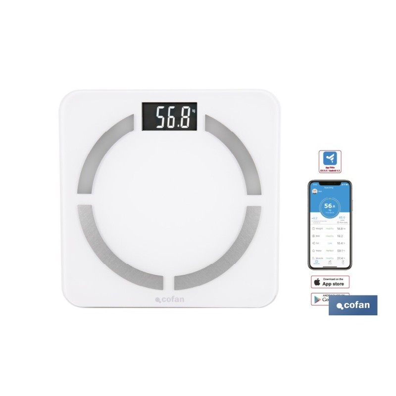 BÁSCULA DE BAÑO DIGITAL BLANCA CON PANTALLA LCD, USB Y MEDICIÓN IMC DE GRASA VISCERAL 30 X 30 X 2,2 CM