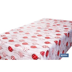 ROLLO DE MANTEL RESINADO ANTIMANCHAS BOLAS DE NAVIDAD 75% ALGODÓN 25% POLIÉSTER 1,40 X 15 M