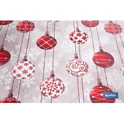 ROLLO DE MANTEL RESINADO ANTIMANCHAS BOLAS DE NAVIDAD 75% ALGODÓN 25% POLIÉSTER 1,40 X 15 M