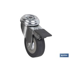 RUEDA DE GOMA GRIS CON AGUJERO PASANTE Y FRENO Ø40 x 18 MM