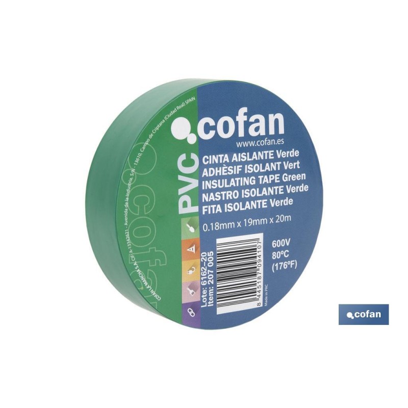 CINTA AISLANTE 180 Micras VERDE 19mmX20 Metros