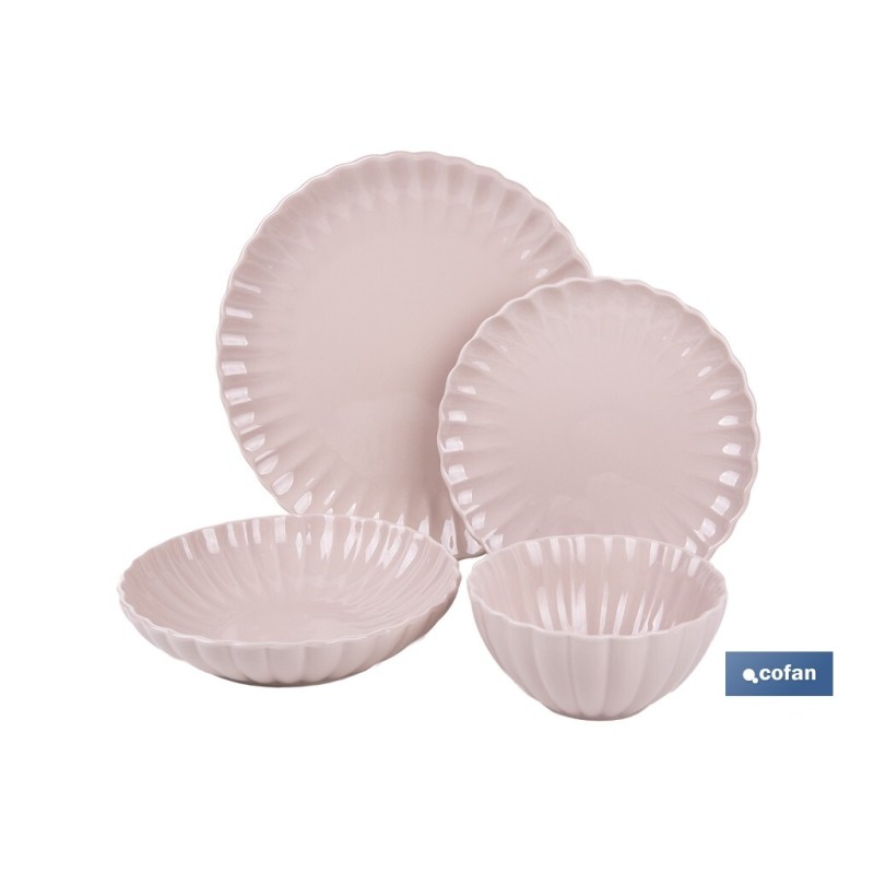VAJILLA DE PORCELANA EN RELIEVE COLOR ROSA NUDE ESMALTADO 16 PIEZAS