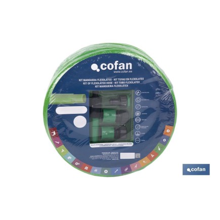 KIT MANGUERA FLEXOLÁTEX TRANSL. 15 MM (5/8) 15 M CON ACCESORIOS