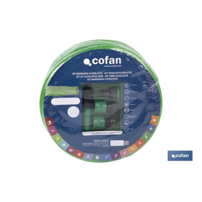 KIT MANGUERA FLEXOLÁTEX TRANSL. 15 MM (5/8) 20 M CON ACCESORIOS