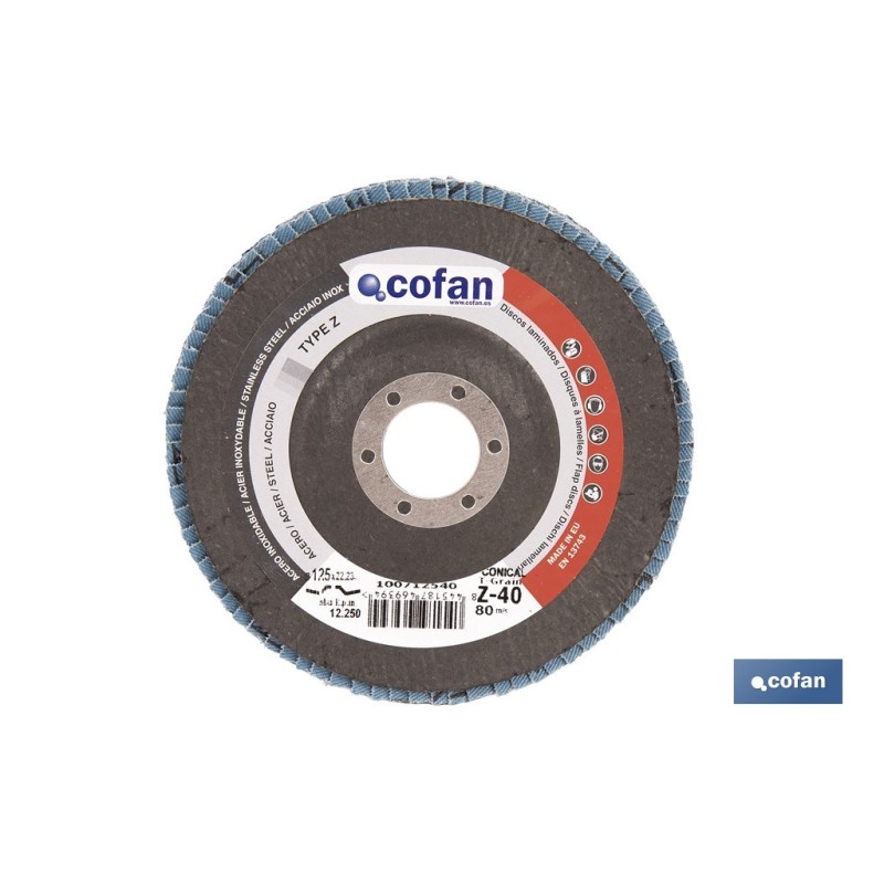 DISCO LAMINADO PROFESIONAL INCLINADO 125 MM. - GRANO 40 ZIRCONIO