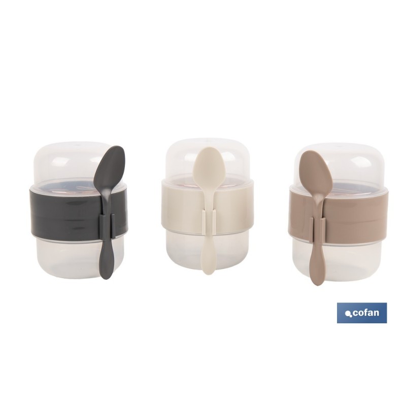SET DE 3 RECIPIENTES CON TAPA, CUCHARA Y COMPARTIMIENTO INTERIOR  200ML+200ML