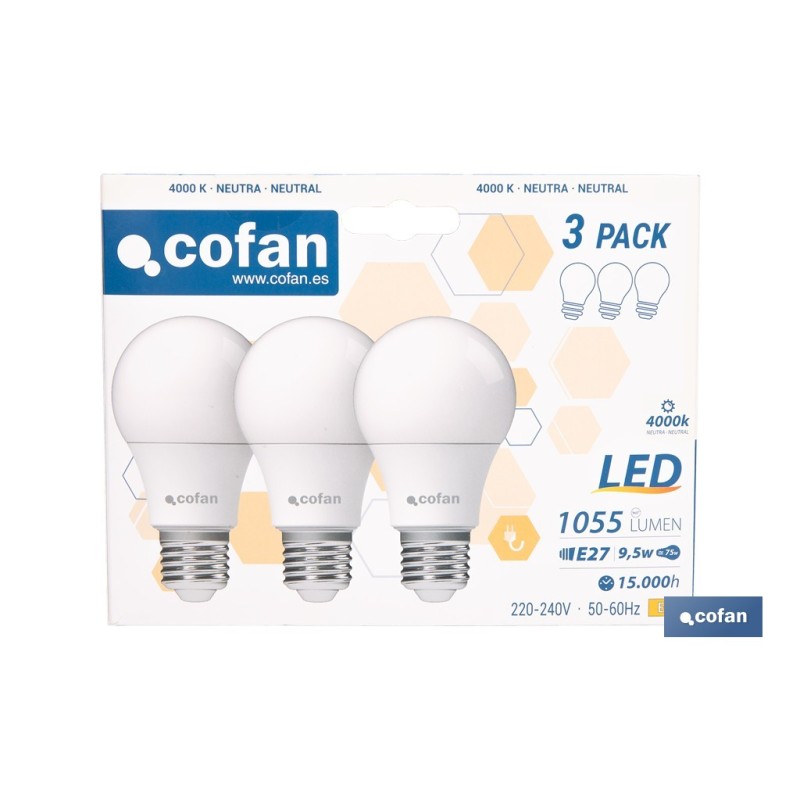 PACK DE 3 BOMBILLAS LED CLASSIC E27 9.5W 1055 LM 4000 K
