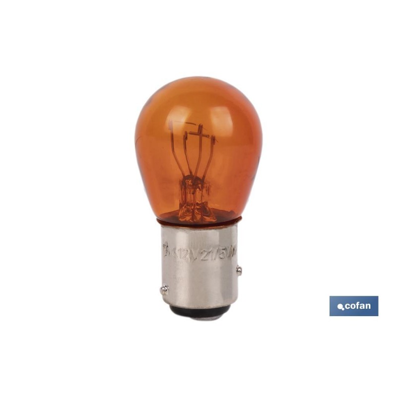 LÁMPARA COFAN 2 POLOS ÁMBAR DESCENTRADA P21/5W (BAZ15d) 12V venta unitaria