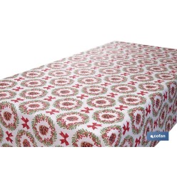 ROLLO DE MANTEL RESINADO ANTIMANCHAS LAZOS Y PIÑAS 75% ALGODÓN 25% POLIÉSTER 1,40 X 15 M