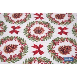 ROLLO DE MANTEL RESINADO ANTIMANCHAS LAZOS Y PIÑAS 75% ALGODÓN 25% POLIÉSTER 1,40 X 15 M