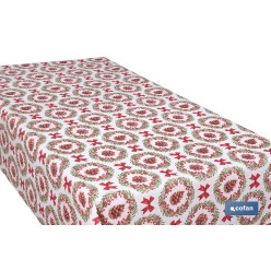 ROLLO DE MANTEL RESINADO ANTIMANCHAS LAZOS Y PIÑAS 75% ALGODÓN 25% POLIÉSTER 1,40 X 15 M