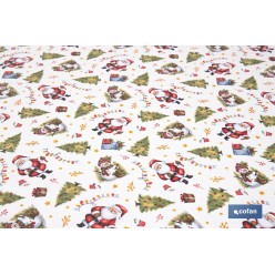 ROLLO DE MANTEL RESINADO ANTIMANCHAS ENTRE PINOS Y REGALOS 75% ALGODÓN 25% POLIÉSTER 1,40 X 15 M
