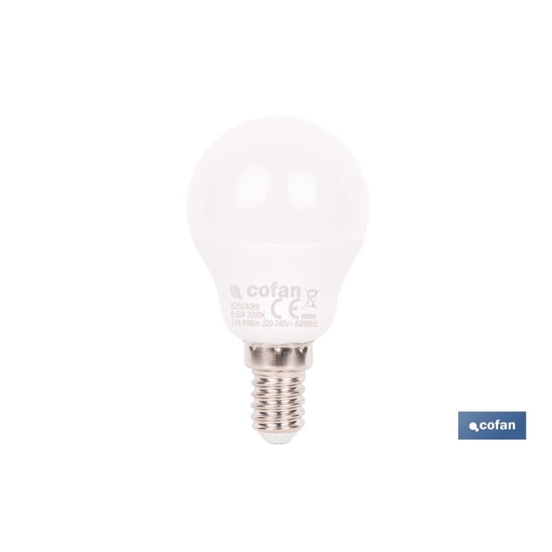 BOMBILLA LED ESFÉRICA E14 6.5 W 806 LM 3000 K
