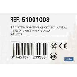PROLONGADOR BIPOLAR CON T/T LATERAL 16A250V CABLE 10M NARANJA