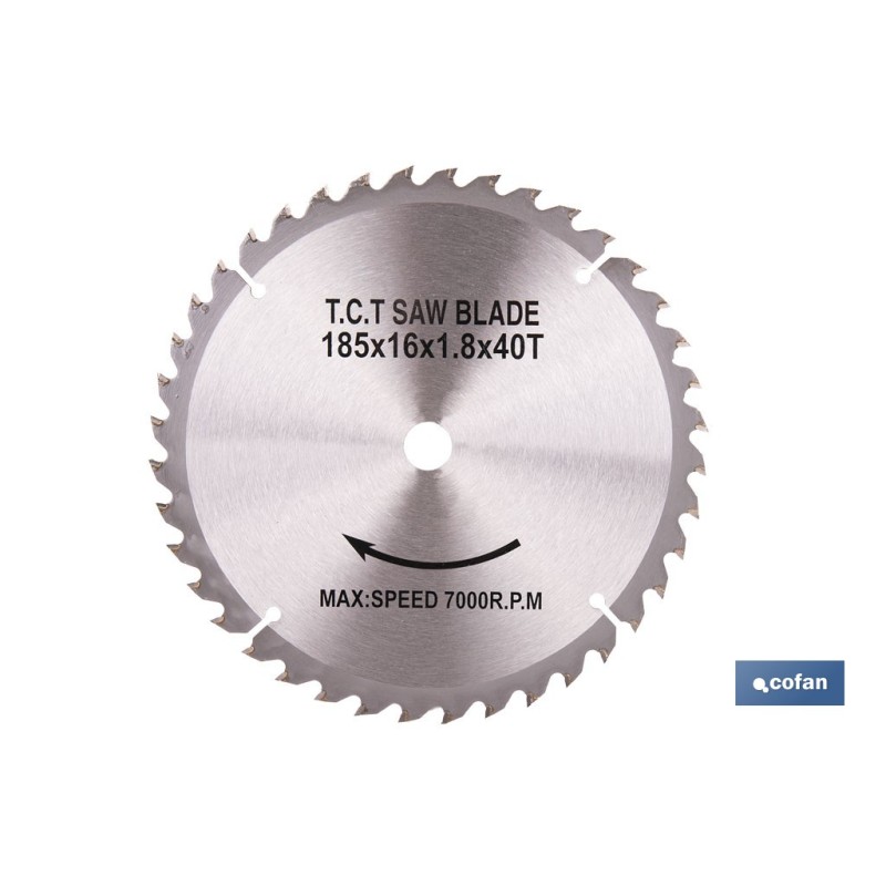 DISCO CORTE PARA MADERA Ø185 MM X 16 MM X 1,8 MM X 40 DIENTES