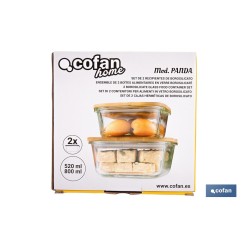 SET DE 2 RECIPIENTES DE BOROSILICATO CON TAPA DE BAMBÚ MODELO PANDA 520 ML - 800 ML