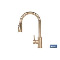 GRIFO DE COCINA DORADO DE ACERO CEPILLADO CON MANGUERA EXTENSIBLE Y 3 FUNCIONES 400 X 220 X 54 MM