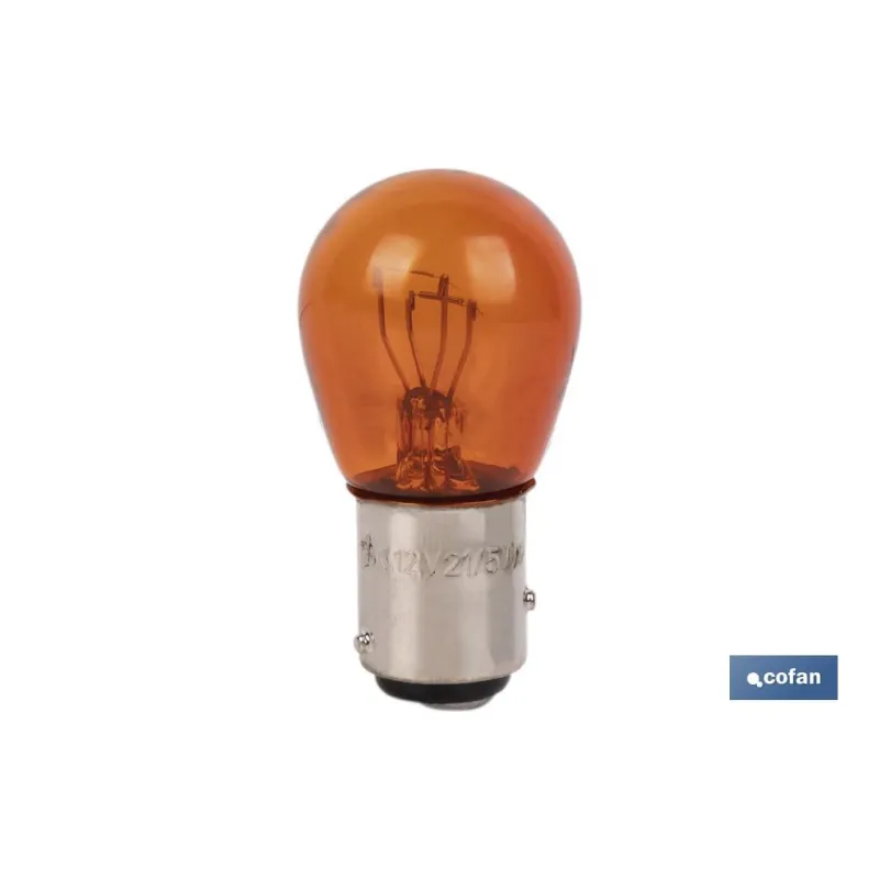 LÁMPARA COFAN 2 POLOS ÁMBAR DESCENTRADA P21/5W (BAZ15d) 12V venta unitaria
