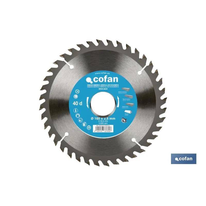 DISCO DE SIERRA CIRCULAR PARA MADERA Ø160 X 2,5 X 30 MM, 40 DIENTES